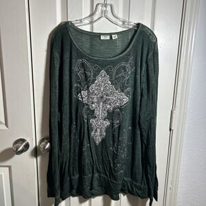 Cato Green Embellished Rhinestone Cross Long Sleeve Shirt 26/28W Gothic  Grunge